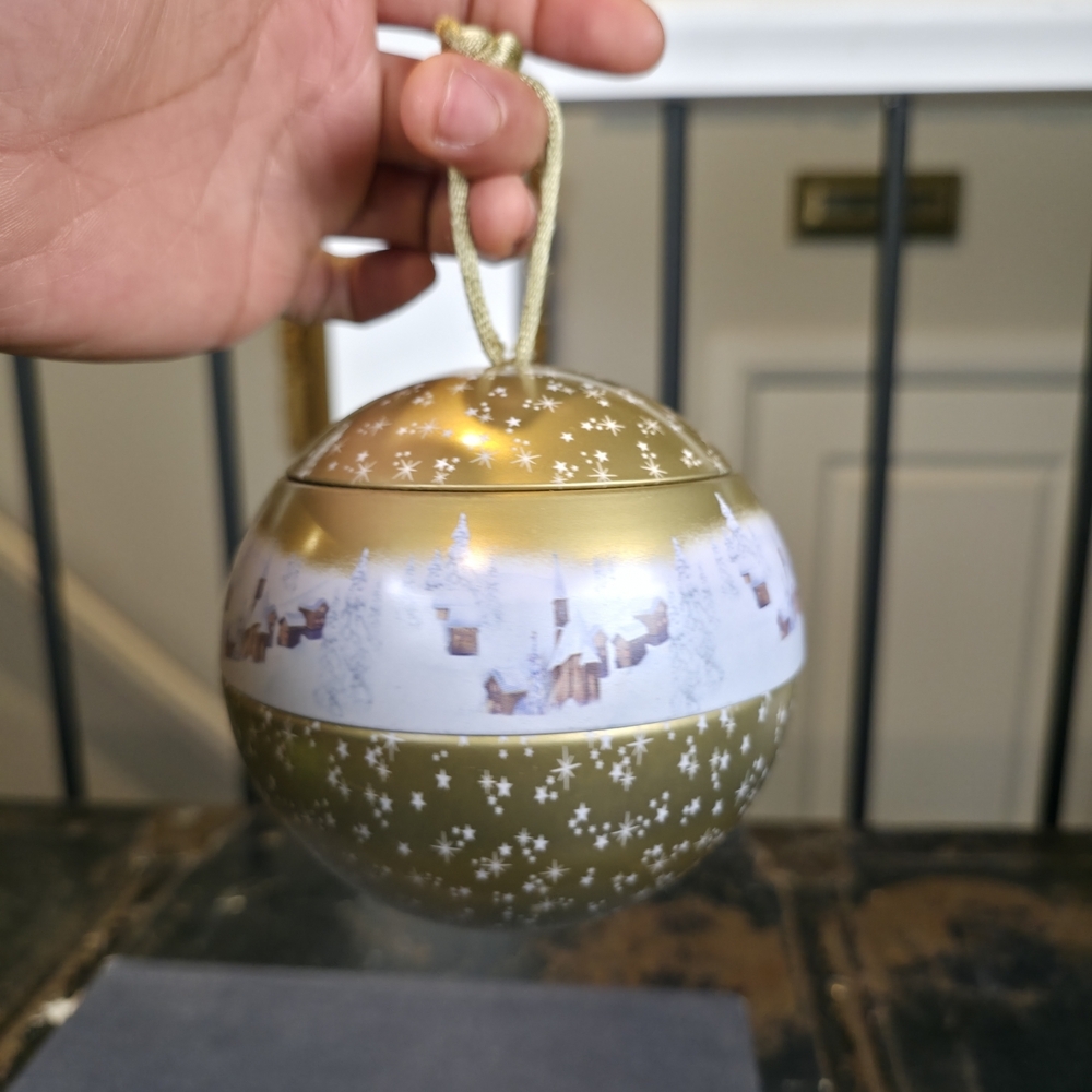 Lindt Lindor Christmas Ornament Tin Winter Village Gold Star Container